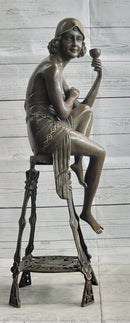 Art Deco Flapper Girl on Chair w/ Wine Glass Bronze Figure 21.5"