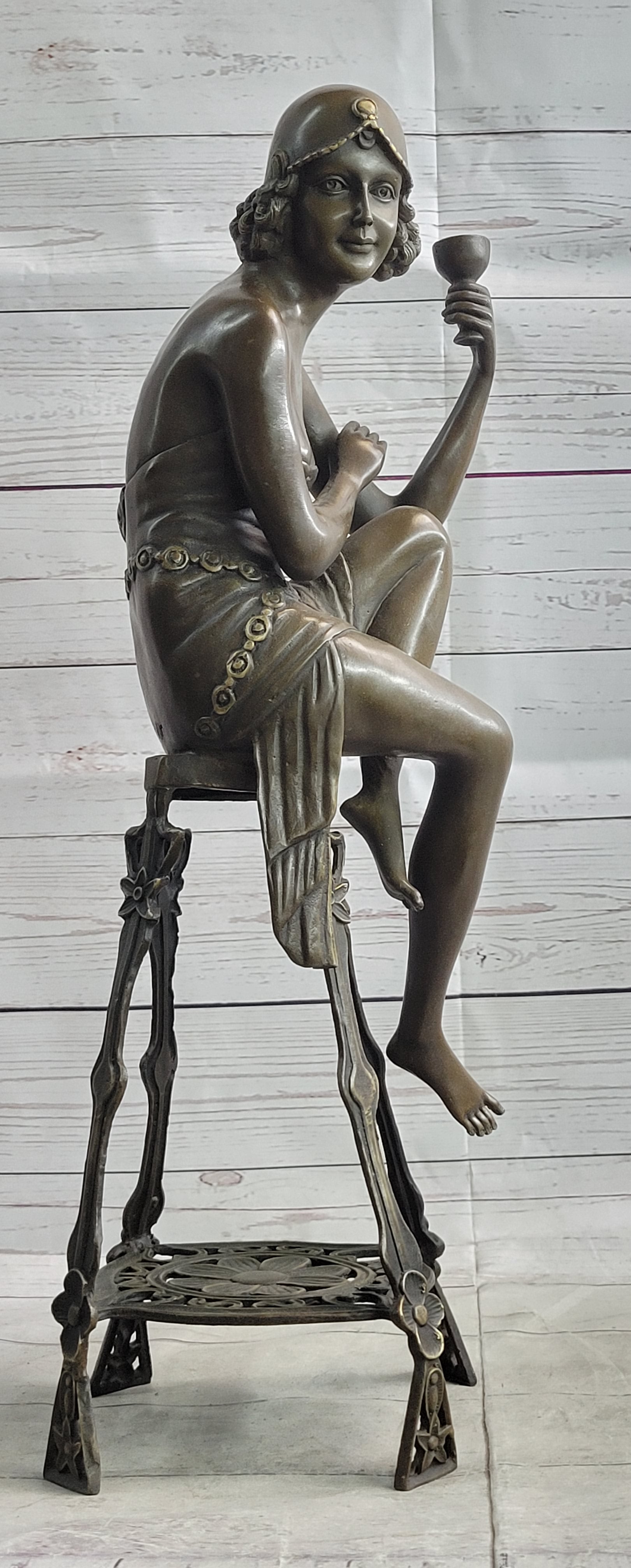 Art Deco Flapper Girl on Chair w/ Wine Glass Bronze Figure 21.5"