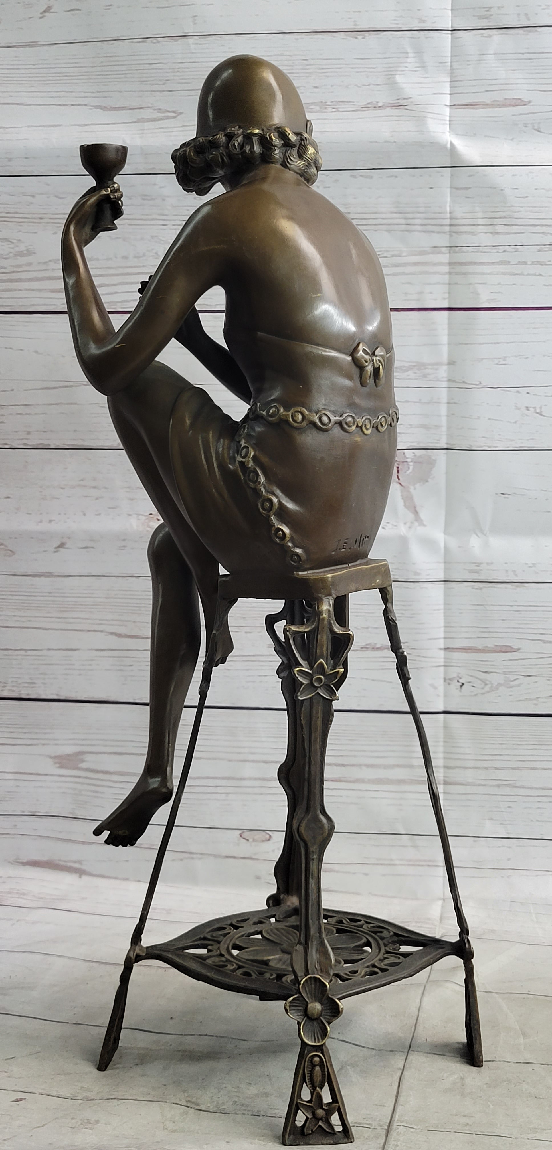 Art Deco Flapper Girl on Chair w/ Wine Glass Bronze Figure 21.5"