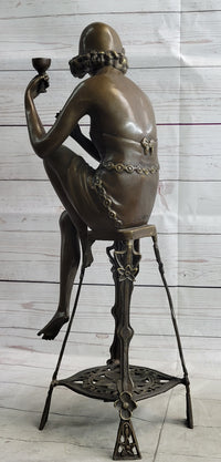 Art Deco Flapper Girl on Chair w/ Wine Glass Bronze Figure 21.5"