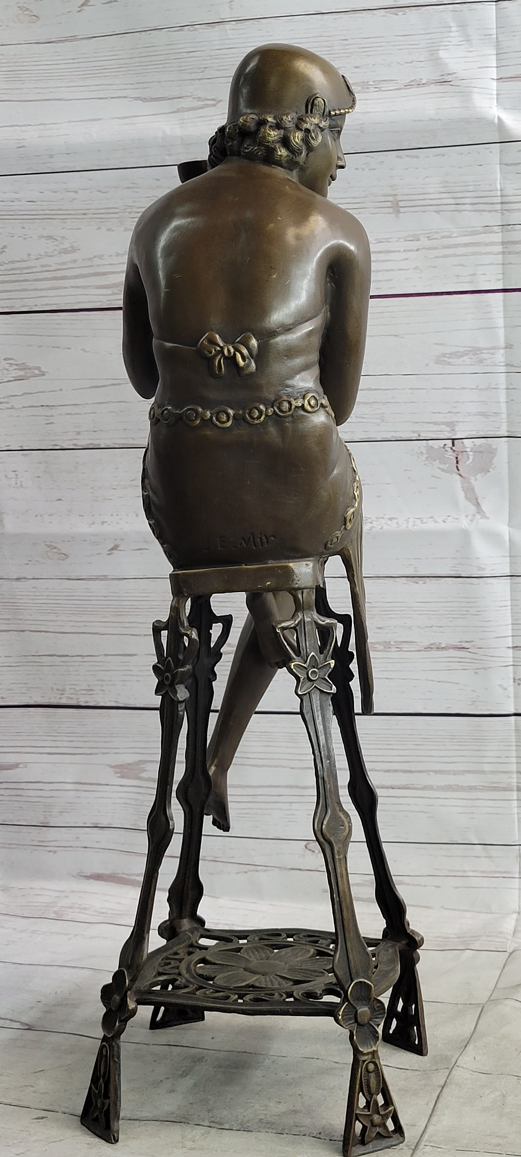 Art Deco Flapper Girl on Chair w/ Wine Glass Bronze Figure 21.5"