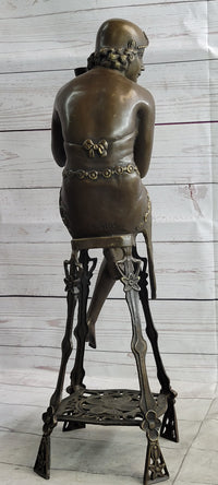 Art Deco Flapper Girl on Chair w/ Wine Glass Bronze Figure 21.5"