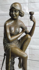 Art Deco Flapper Girl on Chair w/ Wine Glass Bronze Figure 21.5"