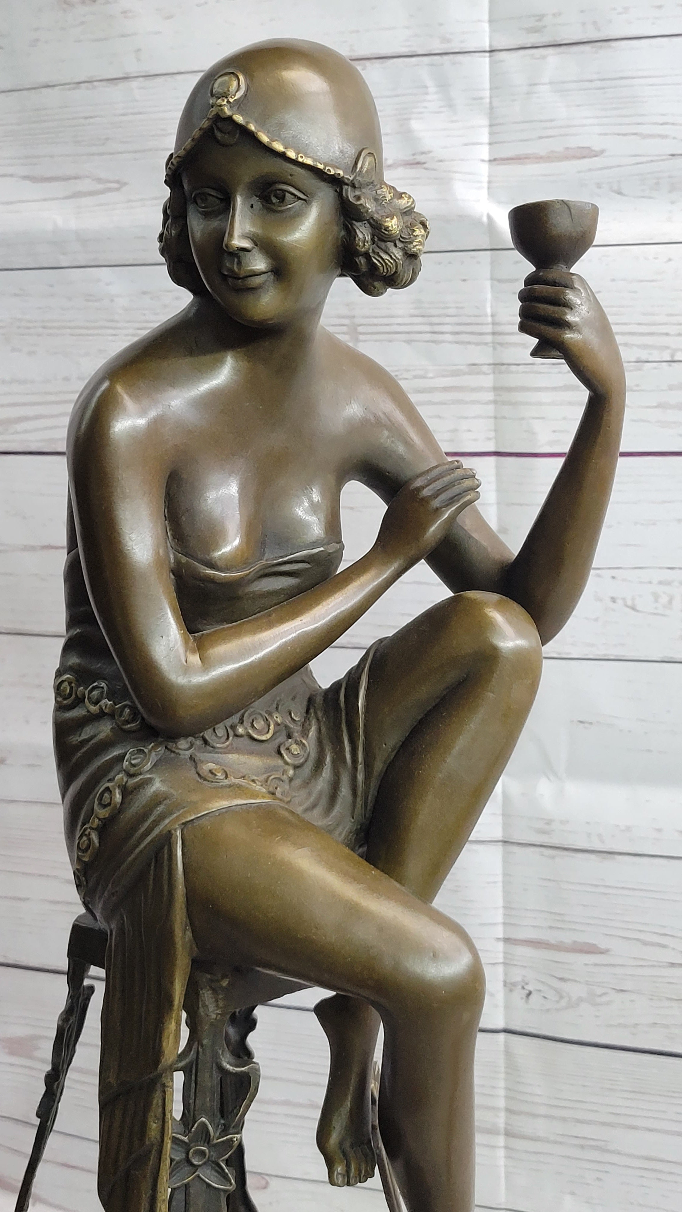 Art Deco Flapper Girl on Chair w/ Wine Glass Bronze Figure 21.5"