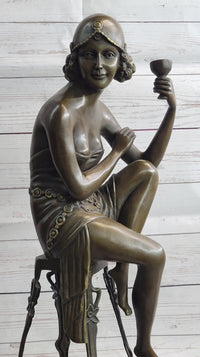 Art Deco Flapper Girl on Chair w/ Wine Glass Bronze Figure 21.5"