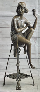 Art Deco Flapper Girl on Chair w/ Wine Glass Bronze Figure 21.5"