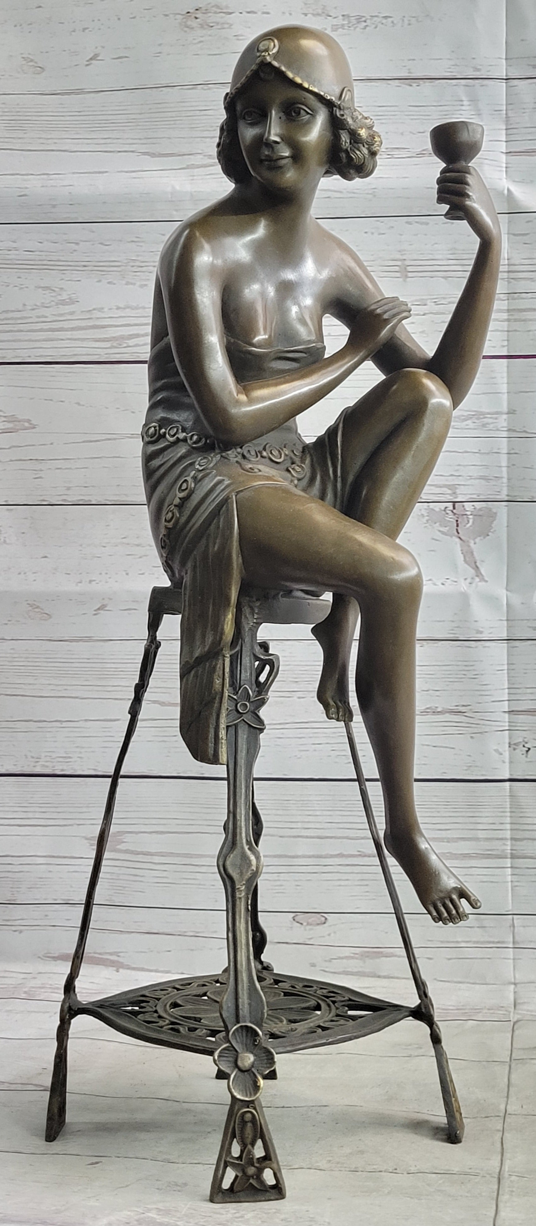 Art Deco Flapper Girl on Chair w/ Wine Glass Bronze Figure 21.5"