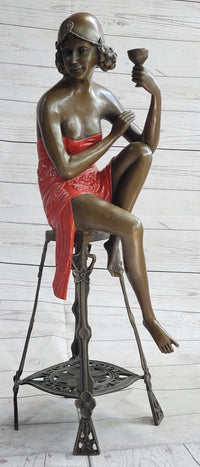 Art Deco 1920's Flapper Girl Holding Wine Cup Bronze 21.5" x 6.5"