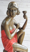 Art Deco 1920's Flapper Girl Holding Wine Cup Bronze 21.5" x 6.5"