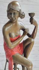 Art Deco 1920's Flapper Girl Holding Wine Cup Bronze 21.5" x 6.5"
