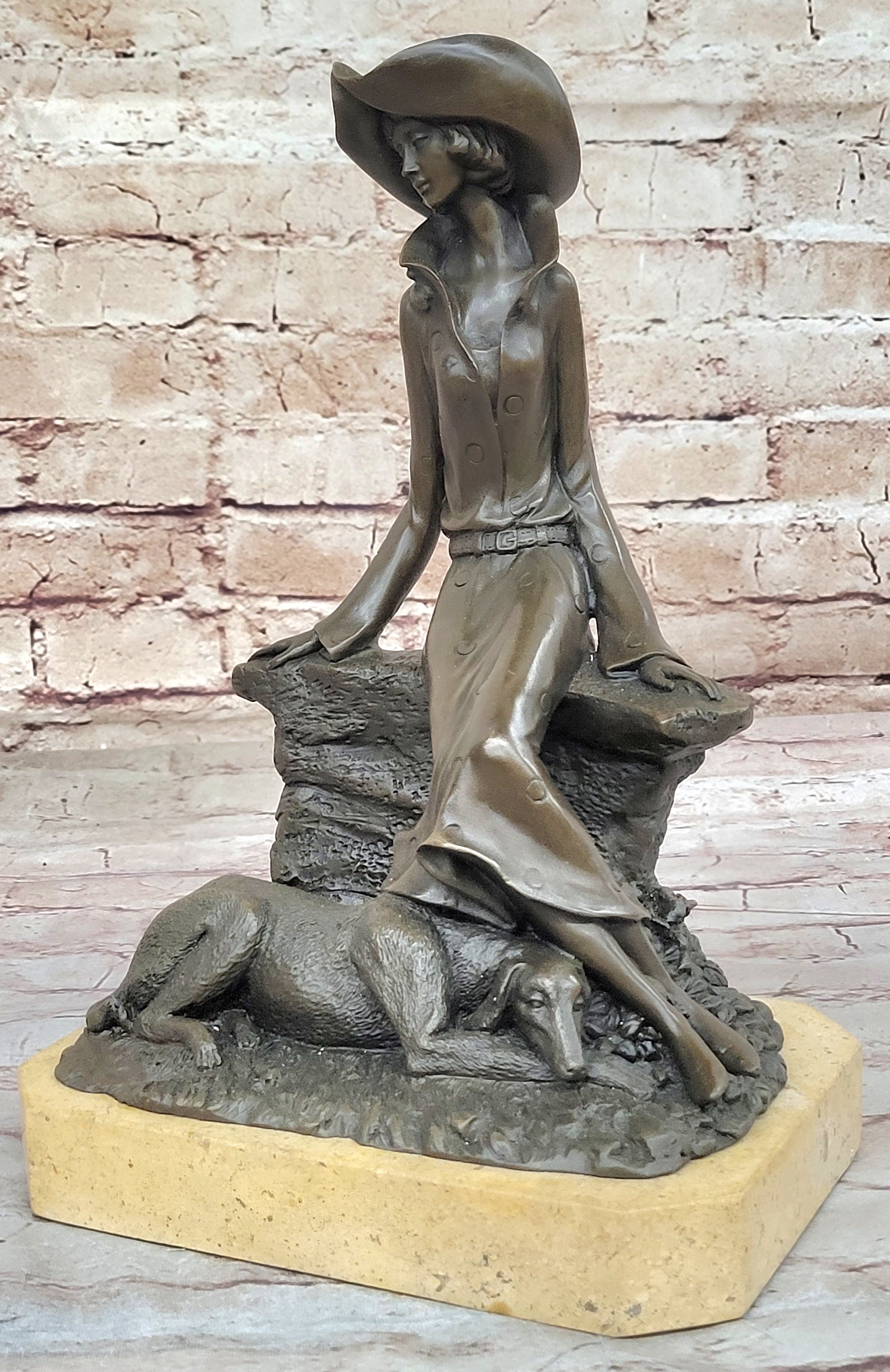 Woman with Large Hat and Dog - Bronze Art Deco by Milo