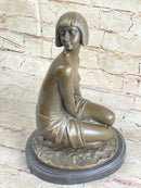 Bronze Young Girl in Thought Sculpture Art Deco on Marble Base
