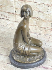 Bronze Young Girl in Thought Sculpture Art Deco on Marble Base