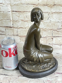 Bronze Young Girl in Thought Sculpture Art Deco on Marble Base