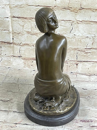 Bronze Young Girl in Thought Sculpture Art Deco on Marble Base