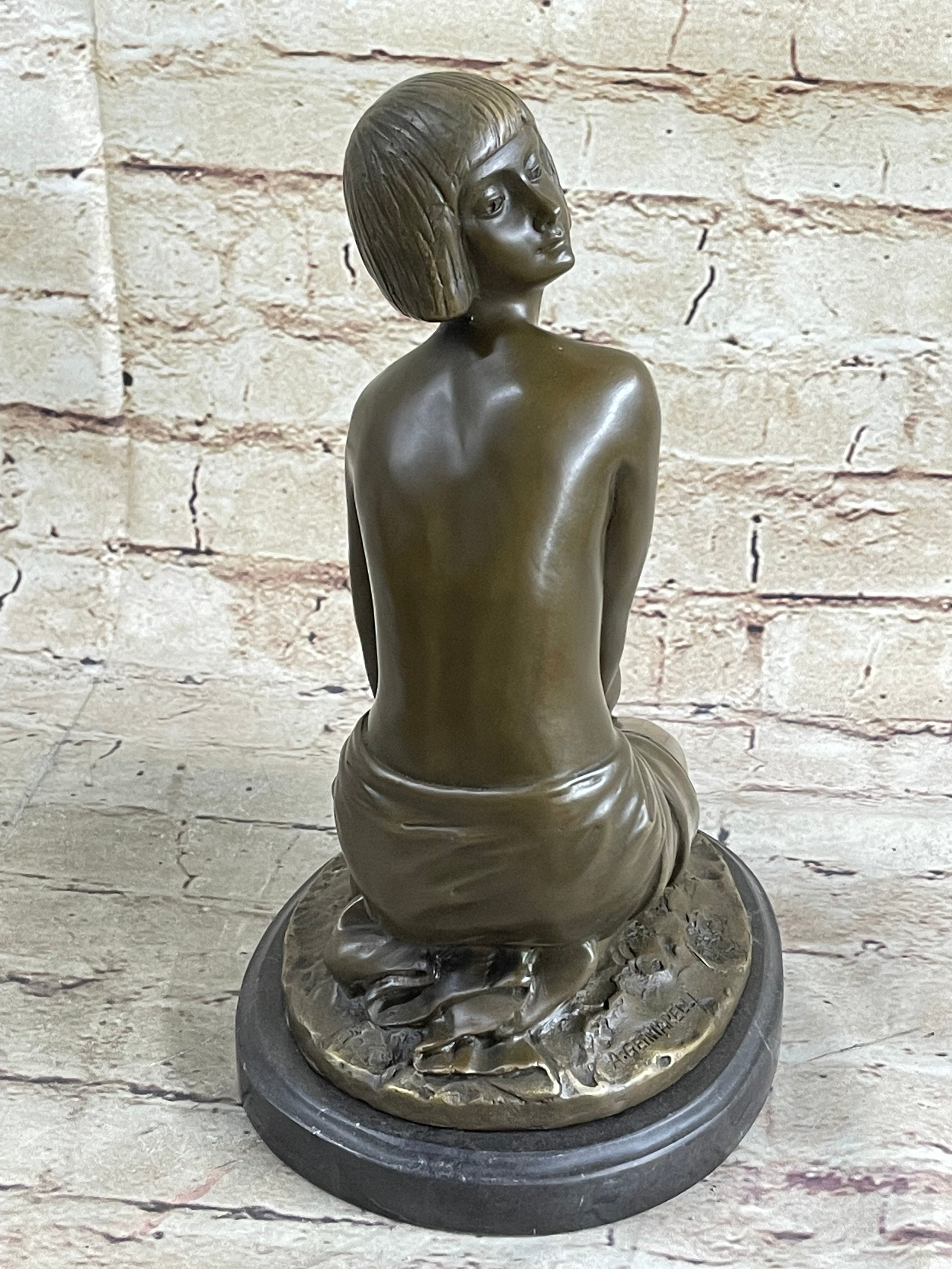 Bronze Young Girl in Thought Sculpture Art Deco on Marble Base