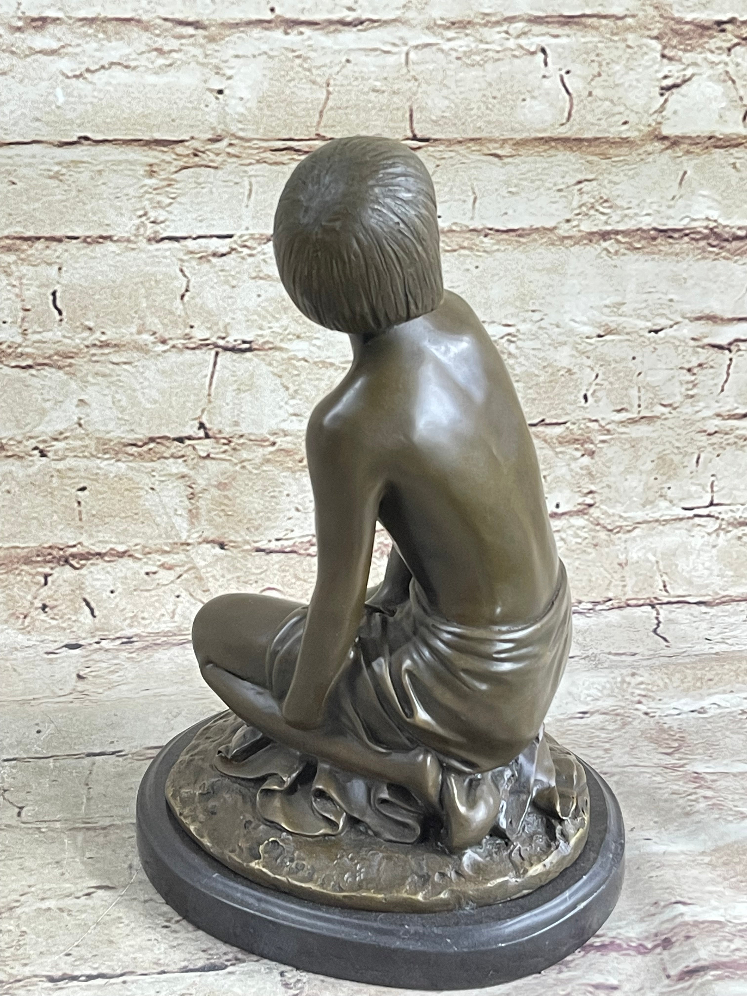Bronze Young Girl in Thought Sculpture Art Deco on Marble Base