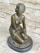 Bronze Young Girl in Thought Sculpture Art Deco on Marble Base