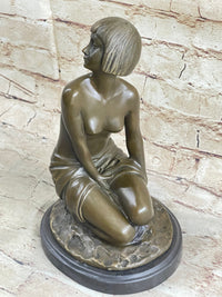 Bronze Young Girl in Thought Sculpture Art Deco on Marble Base