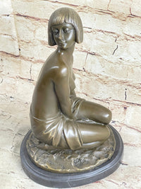 Bronze Young Girl in Thought Sculpture Art Deco on Marble Base