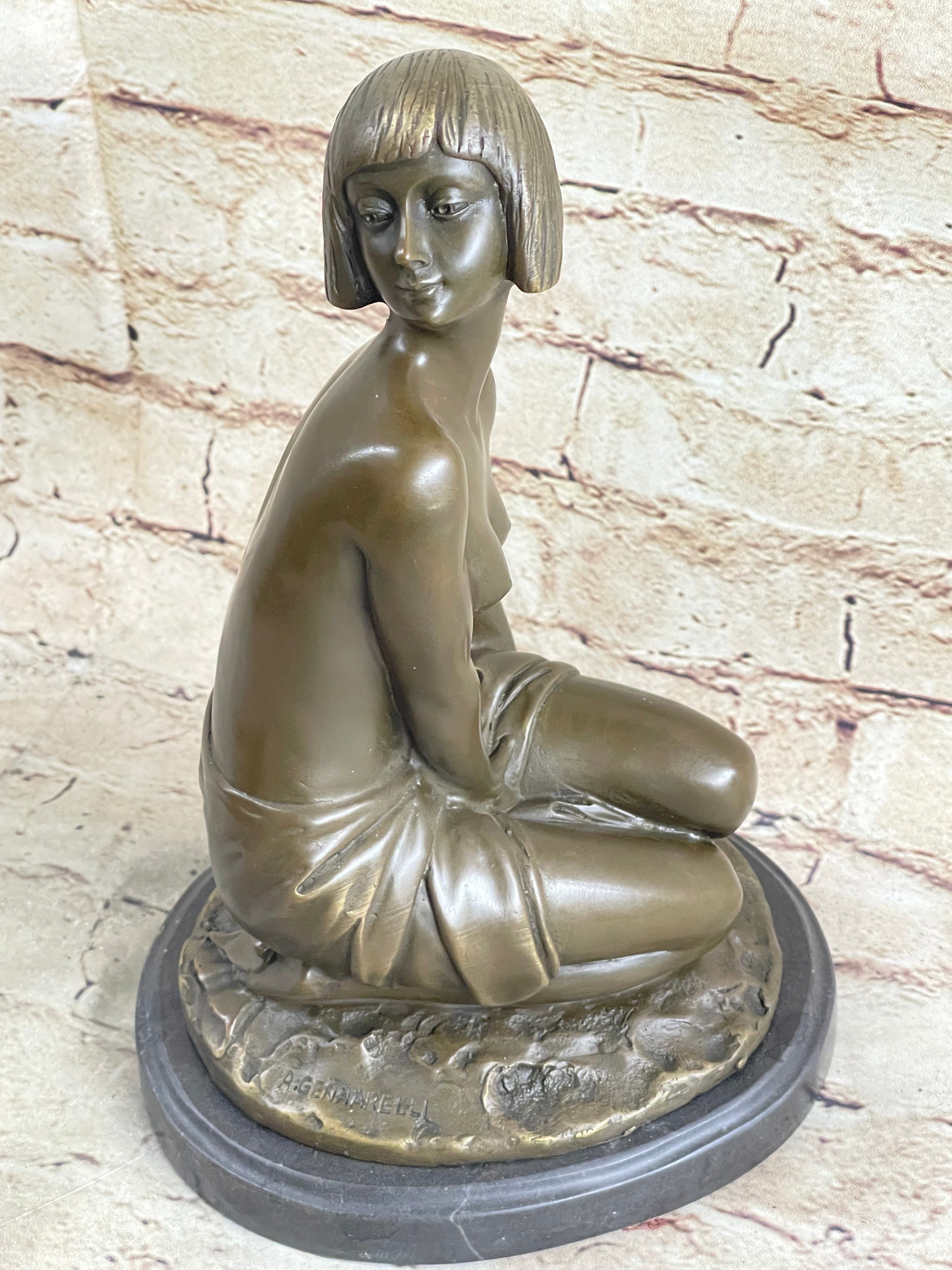 Bronze Young Girl in Thought Sculpture Art Deco on Marble Base