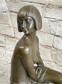 Bronze Young Girl in Thought Sculpture Art Deco on Marble Base
