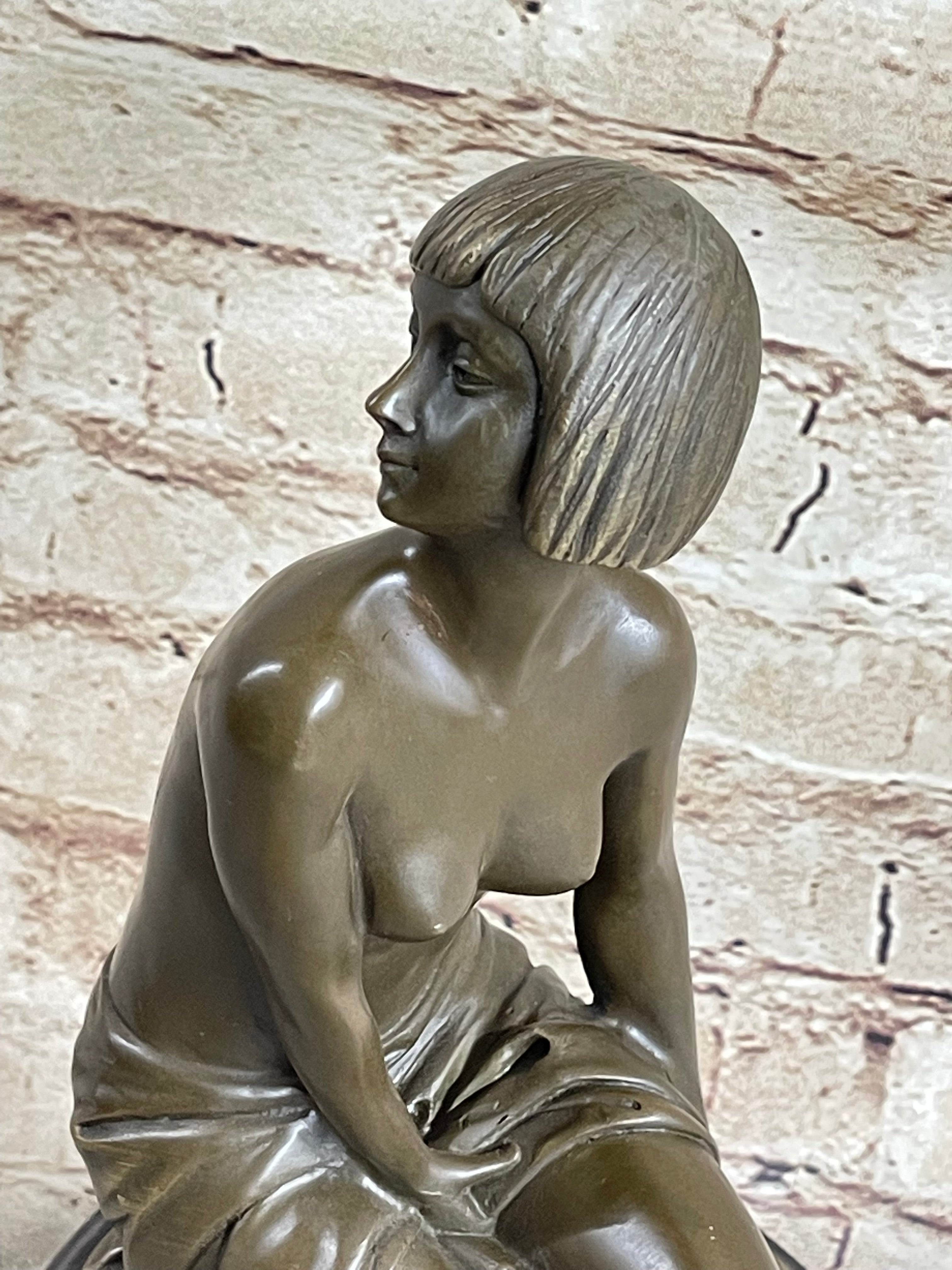 Bronze Young Girl in Thought Sculpture Art Deco on Marble Base