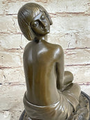 Bronze Young Girl in Thought Sculpture Art Deco on Marble Base