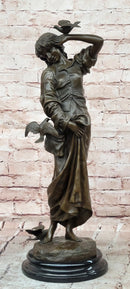Signed Milo a Young Woman Interacting with Birds Genuine Bronze Sculpture Statue