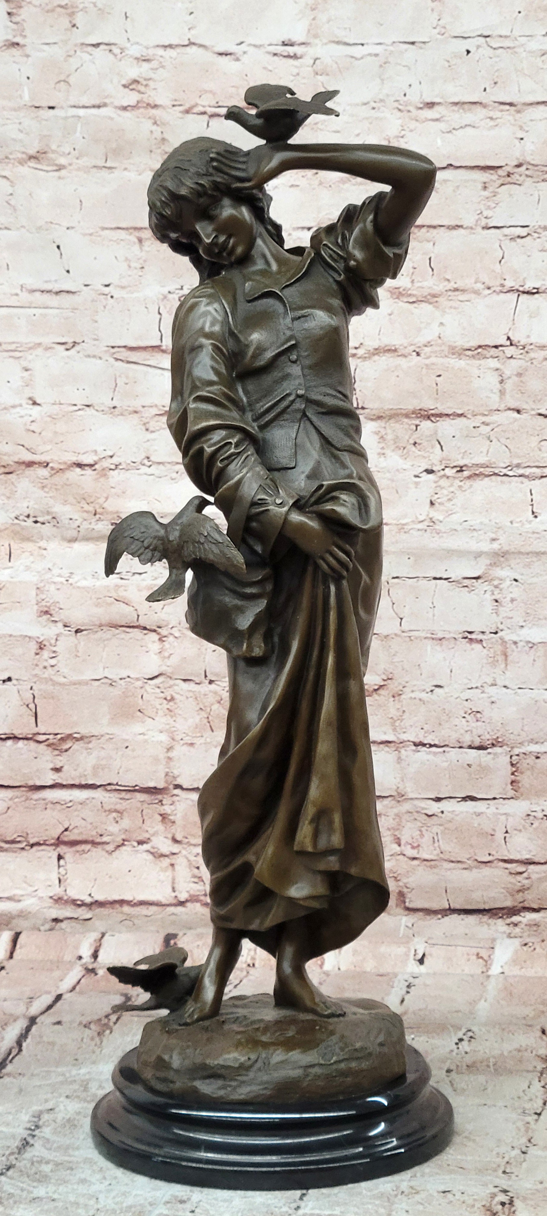 Signed Milo a Young Woman Interacting with Birds Genuine Bronze Sculpture Statue