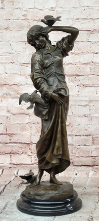 Signed Milo a Young Woman Interacting with Birds Genuine Bronze Sculpture Statue