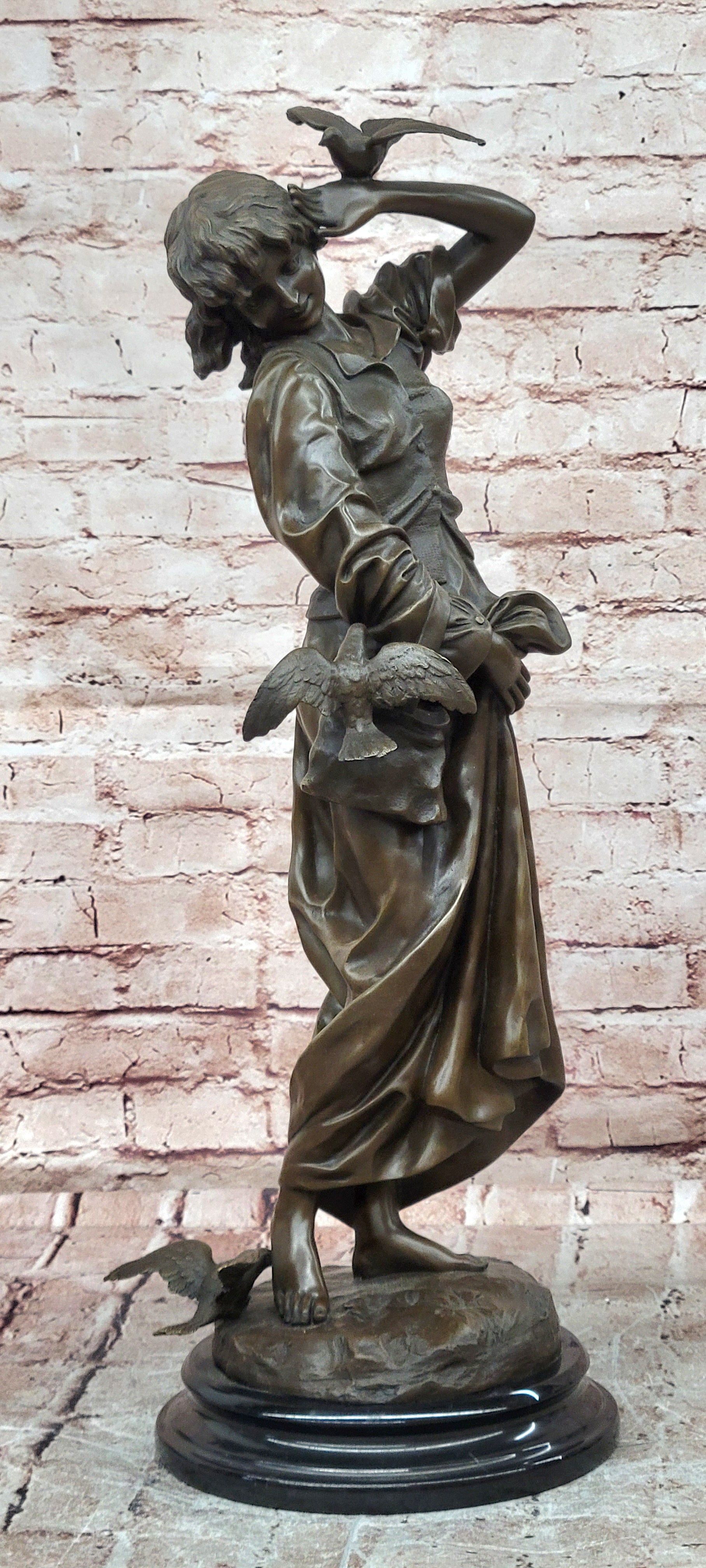 Signed Milo a Young Woman Interacting with Birds Genuine Bronze Sculpture Statue
