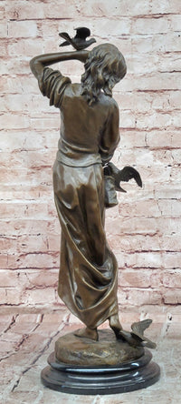 Signed Milo a Young Woman Interacting with Birds Genuine Bronze Sculpture Statue