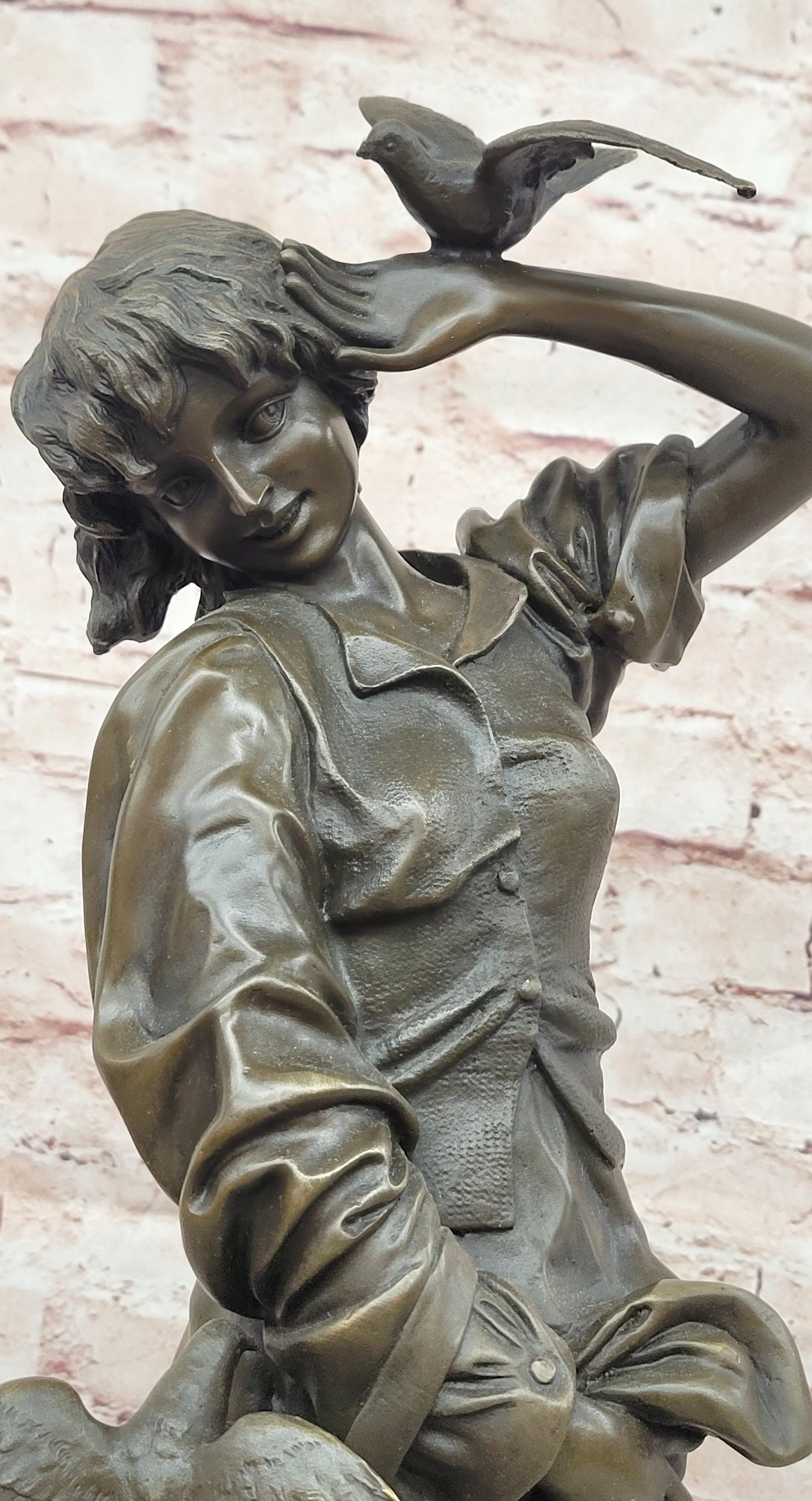 Signed Milo a Young Woman Interacting with Birds Genuine Bronze Sculpture Statue