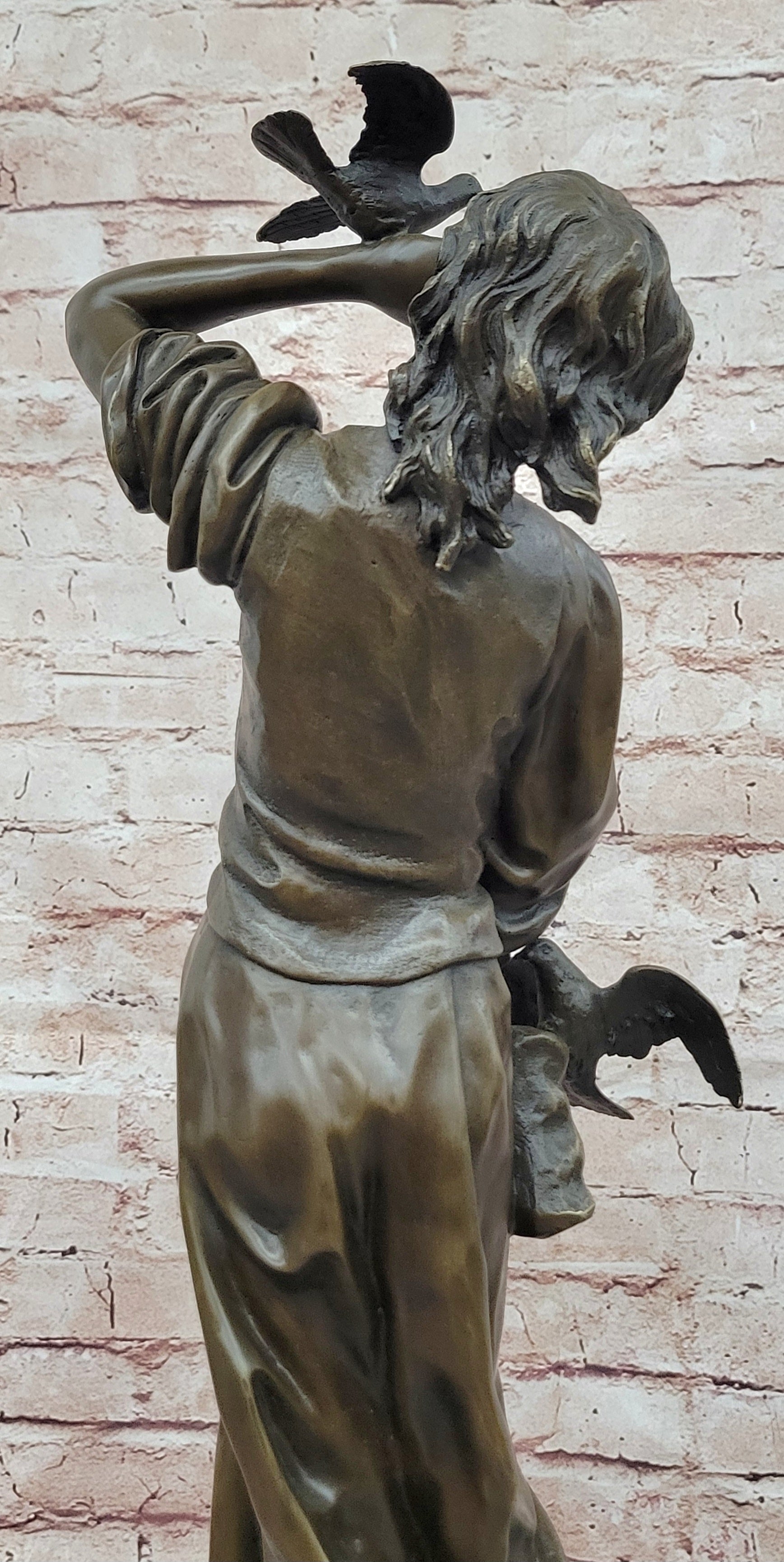 Signed Milo a Young Woman Interacting with Birds Genuine Bronze Sculpture Statue
