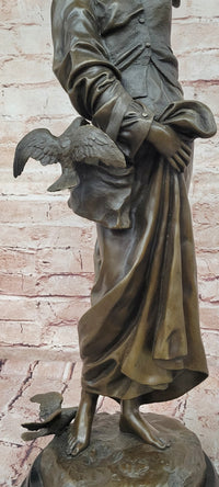 Signed Milo a Young Woman Interacting with Birds Genuine Bronze Sculpture Statue