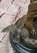 Signed Milo a Young Woman Interacting with Birds Genuine Bronze Sculpture Statue