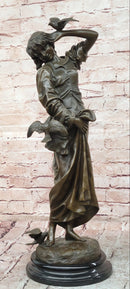 Signed Milo a Young Woman Interacting with Birds Genuine Bronze Sculpture Statue