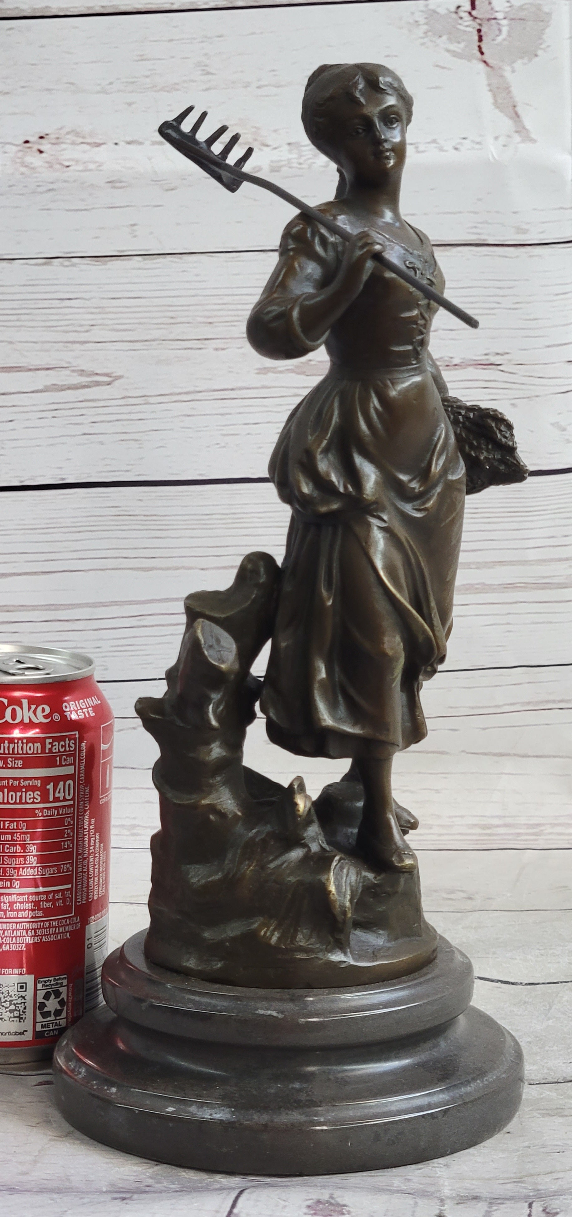 Peasant Farmer Girl w/ Rake & Harvest Bronze Sculpture 12" x 6"