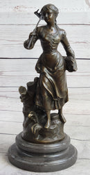 Peasant Farmer Girl w/ Rake & Harvest Bronze Sculpture 12" x 6"