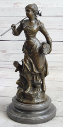 Peasant Farmer Girl w/ Rake & Harvest Bronze Sculpture 12" x 6"