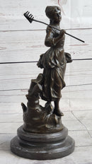 Peasant Farmer Girl w/ Rake & Harvest Bronze Sculpture 12" x 6"