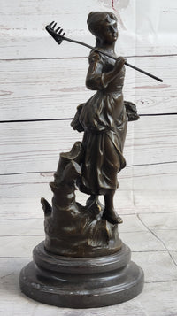Peasant Farmer Girl w/ Rake & Harvest Bronze Sculpture 12" x 6"