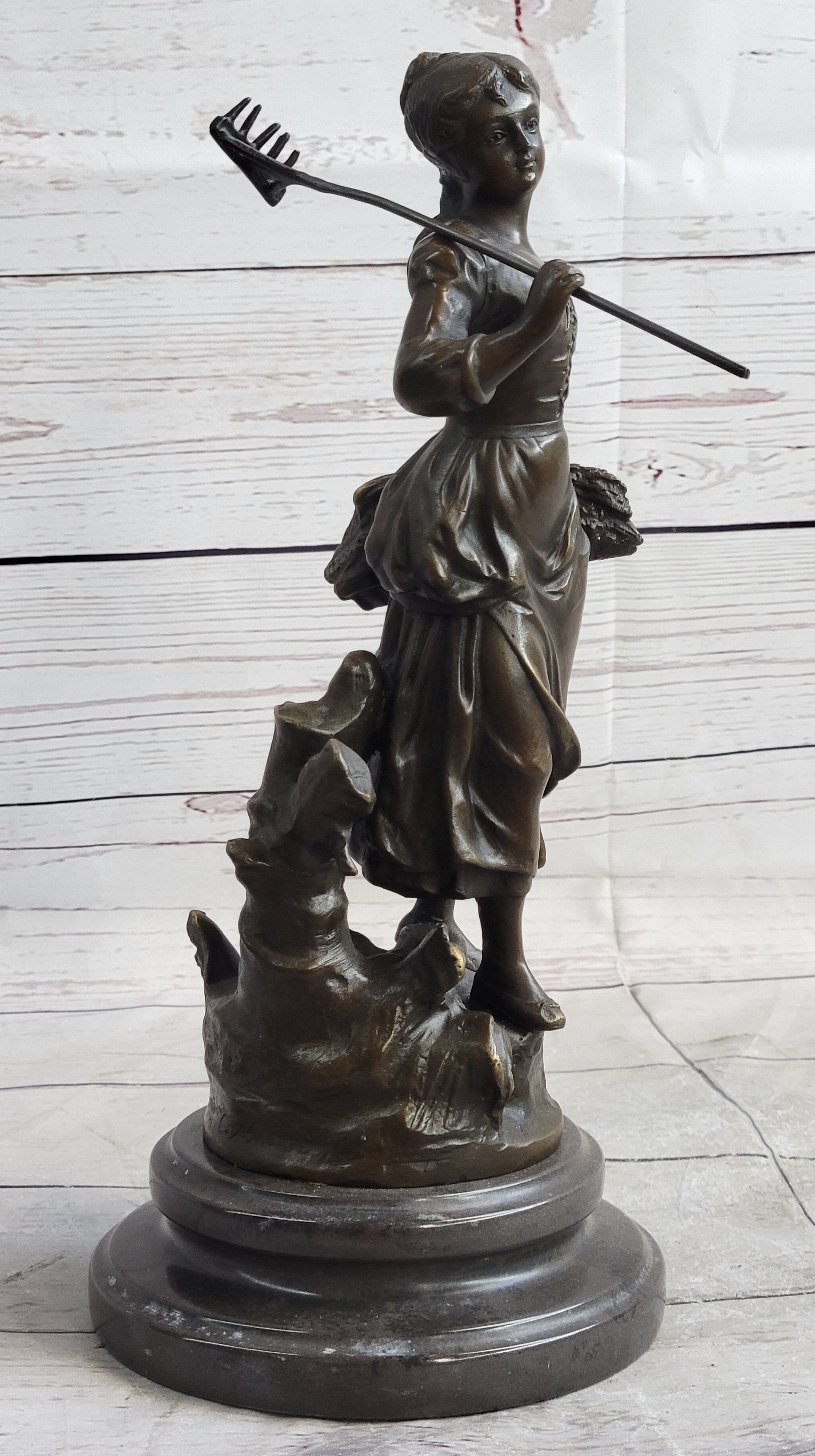 Peasant Farmer Girl w/ Rake & Harvest Bronze Sculpture 12" x 6"