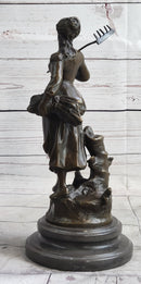Peasant Farmer Girl w/ Rake & Harvest Bronze Sculpture 12" x 6"