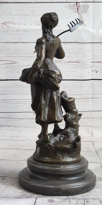 Peasant Farmer Girl w/ Rake & Harvest Bronze Sculpture 12" x 6"