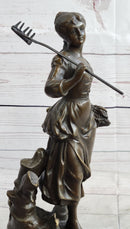 Peasant Farmer Girl w/ Rake & Harvest Bronze Sculpture 12" x 6"