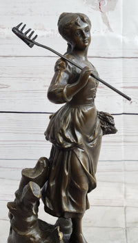 Peasant Farmer Girl w/ Rake & Harvest Bronze Sculpture 12" x 6"