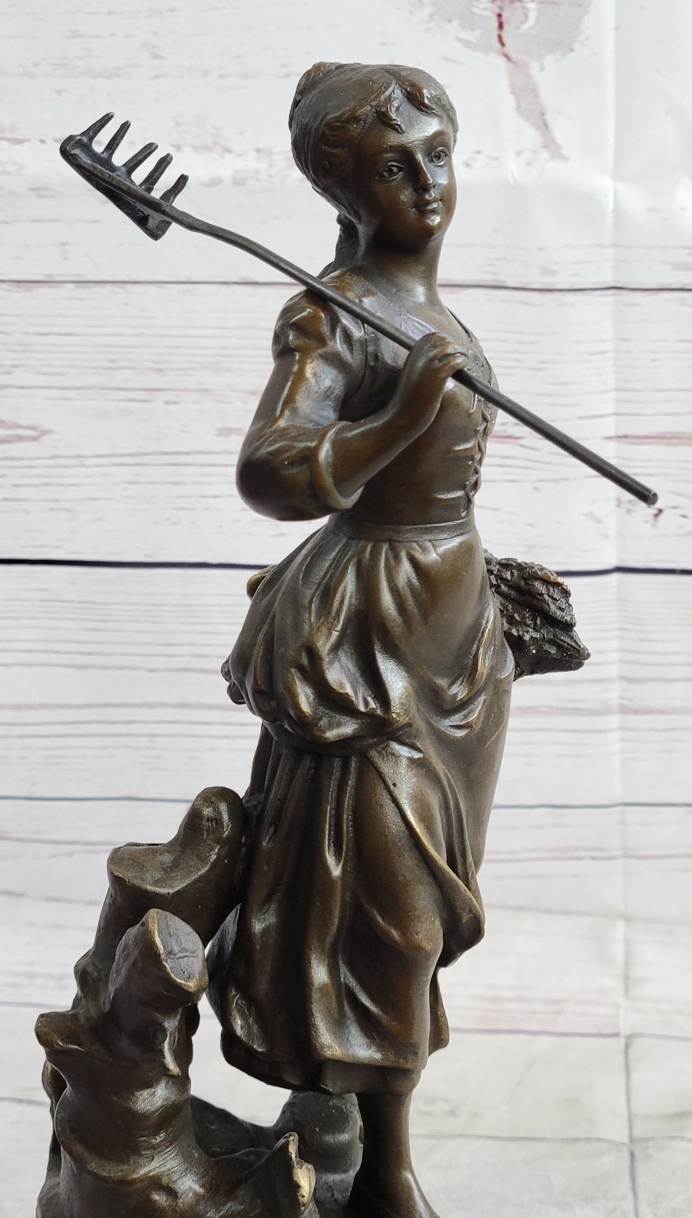 Peasant Farmer Girl w/ Rake & Harvest Bronze Sculpture 12" x 6"