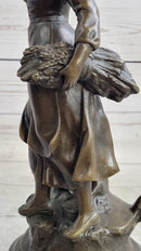Peasant Farmer Girl w/ Rake & Harvest Bronze Sculpture 12" x 6"